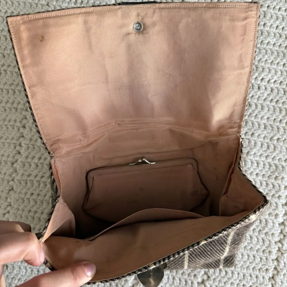 VTG Dual Pocket Clutch Purse Handbag With Brown Wool Herringbone Made In England